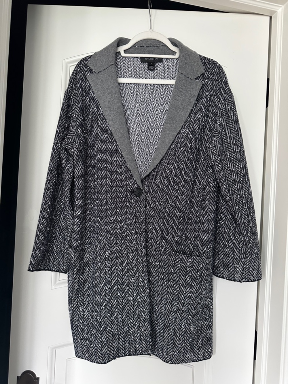St. John Black and Gray Herringbone Open Trench Coat